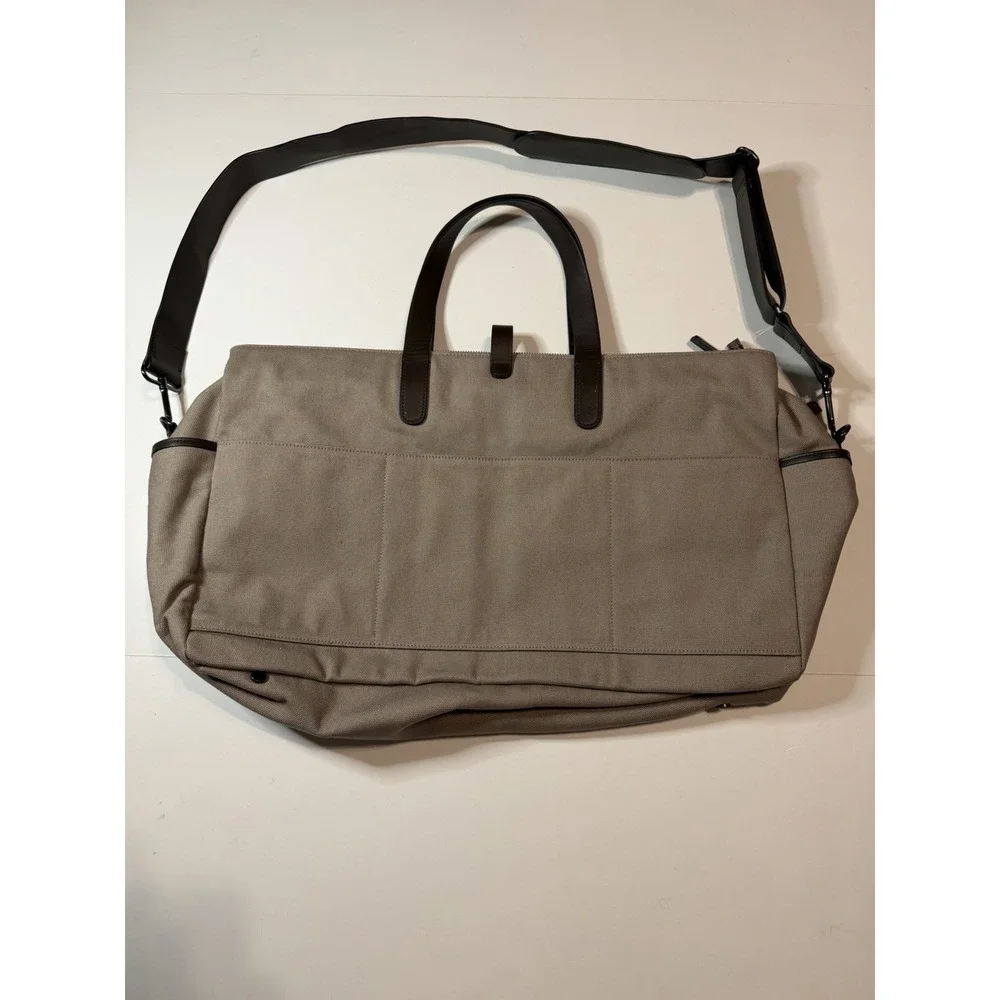 Cuyana Mens Triple Zipper Weekender Canvas/Leather Trim Travel Brown Bag